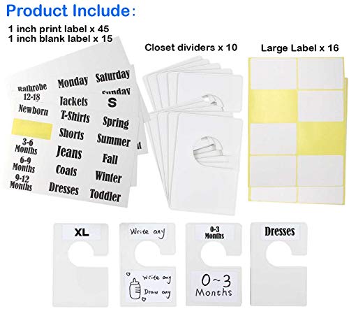 TraGoods 10 Pack White Clothing Rack Size Dividers Plus 60 Labels (1 Inch) and 16 Large Blank Labels, Large Rectangular Clothing Closet dividers (Pearl White)