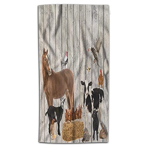 Wondertify Wooden Wall Hand Towel Farm Little Animals Horse Cow Hand Towels for Bathroom, Hand & Face Washcloths 15X30 Inches