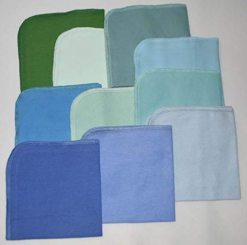 1 Ply 12x12 Inches Set of 10 Solid Flannel Paperless Towels Blues and Greens