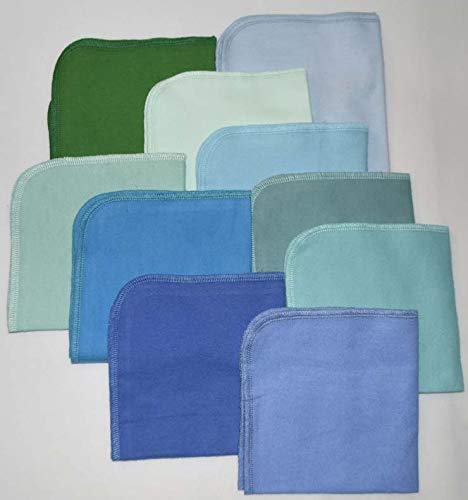 1 Ply 12x12 Inches Set of 10 Solid Flannel Paperless Towels Blues and Greens