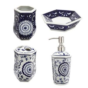 a&b home 4 piece blue & white ceramic bathroom set w/soap dispenser toothbrush holder tumbler & soap dish