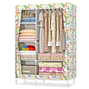 qumeney wardrobe storage closet, portable clothes standing shelves organizer, extra strong and durable non-woven fabric rack with hanging rods, quick and easy to assemble (flower)