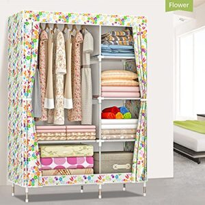 QUMENEY Wardrobe Storage Closet, Portable Clothes Standing Shelves Organizer, Extra Strong and Durable Non-Woven Fabric Rack with Hanging Rods, Quick and Easy to Assemble (Flower)