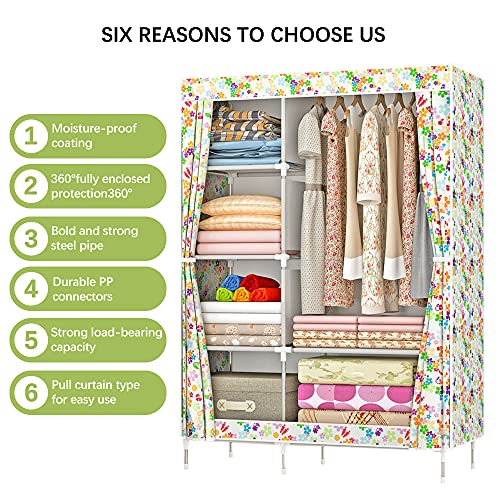 QUMENEY Wardrobe Storage Closet, Portable Clothes Standing Shelves Organizer, Extra Strong and Durable Non-Woven Fabric Rack with Hanging Rods, Quick and Easy to Assemble (Flower)