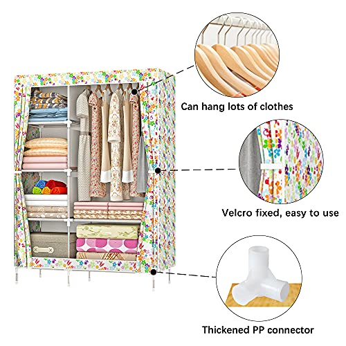 QUMENEY Wardrobe Storage Closet, Portable Clothes Standing Shelves Organizer, Extra Strong and Durable Non-Woven Fabric Rack with Hanging Rods, Quick and Easy to Assemble (Flower)