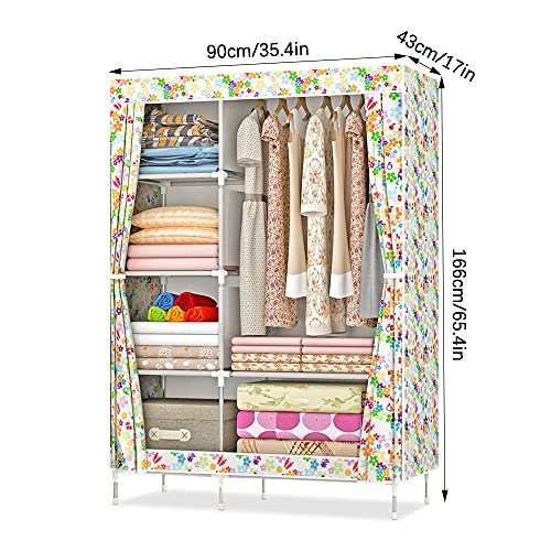 QUMENEY Wardrobe Storage Closet, Portable Clothes Standing Shelves Organizer, Extra Strong and Durable Non-Woven Fabric Rack with Hanging Rods, Quick and Easy to Assemble (Flower)