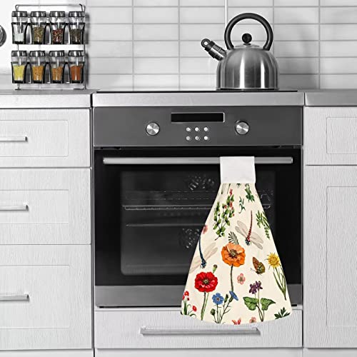 Hotbar Kitchen Towels with Hanging Loop Closure, 18.9"x12.6" Absorbent Soft Hanging Kitchen Towels, Thick Dish Cloth Decorative Hand Towels for Bathroom Kitchen(Flower1,2 Pcs)