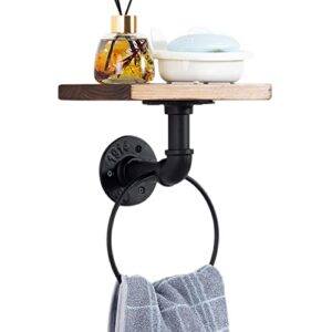 Towel Ring Towel Rack Modern Towel Holder with Wooden Shelf Rustic Hand Towel Ring Wall Mount Heavy Duty Bath Towel Rack for Bathroom Black