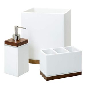 zenna home 3-piece bathroom accessory set: vanity organizer, lotion or soap dispenser, and waste basket,white with maple trim, brentwood bath accessories
