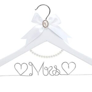 HUIDIAN White Solid Wood Bridal Dress Hanger with Lady Wire Lettering for Bridal Wedding Party Gift (Silver Thread and Pearl Chain White Hanger)