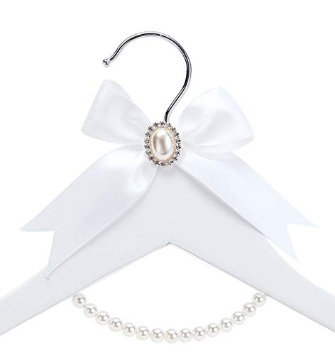 HUIDIAN White Solid Wood Bridal Dress Hanger with Lady Wire Lettering for Bridal Wedding Party Gift (Silver Thread and Pearl Chain White Hanger)