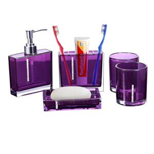 5 pcs purple bathroom accessories set, modern bath ensemble kit square acrylic bathroom set with 2 cups toothbrush holder soap dish dispenser, acrylic gift set