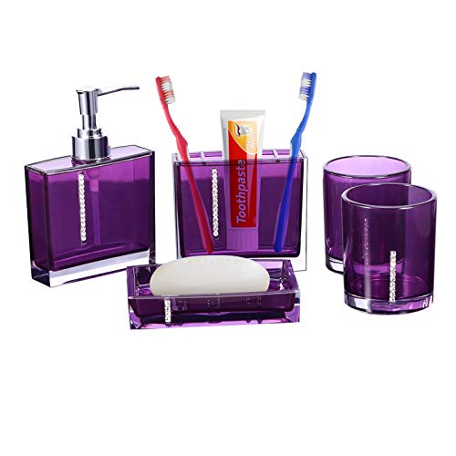 5 Pcs Purple Bathroom Accessories Set, Modern Bath Ensemble Kit Square Acrylic Bathroom Set with 2 Cups Toothbrush Holder Soap Dish Dispenser, Acrylic Gift Set