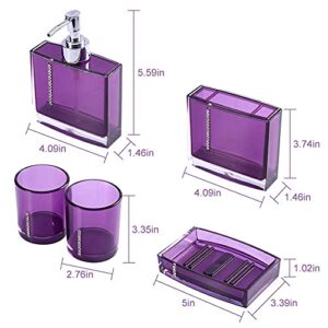 5 Pcs Purple Bathroom Accessories Set, Modern Bath Ensemble Kit Square Acrylic Bathroom Set with 2 Cups Toothbrush Holder Soap Dish Dispenser, Acrylic Gift Set