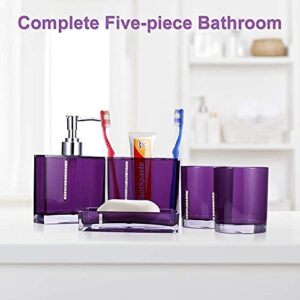 5 Pcs Purple Bathroom Accessories Set, Modern Bath Ensemble Kit Square Acrylic Bathroom Set with 2 Cups Toothbrush Holder Soap Dish Dispenser, Acrylic Gift Set