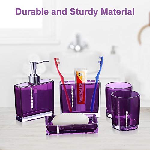 5 Pcs Purple Bathroom Accessories Set, Modern Bath Ensemble Kit Square Acrylic Bathroom Set with 2 Cups Toothbrush Holder Soap Dish Dispenser, Acrylic Gift Set