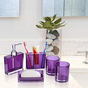 5 Pcs Purple Bathroom Accessories Set, Modern Bath Ensemble Kit Square Acrylic Bathroom Set with 2 Cups Toothbrush Holder Soap Dish Dispenser, Acrylic Gift Set