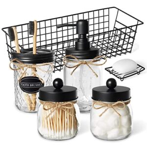 dhaee mason jar bathroom accessories set(6pcs) - soap dish,apothecary jar canisters,toothbrush holder,lotion soap dispenser,metal wire storage organizer basket,home,farmhouse,rustic decor（black）