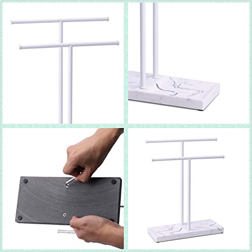 LKKL Hand Towel Holder - Countertop Towel Stand Free Standing - Bathroom Hand Towel Rack Stand Countertop Hand Towel Holder Double T Drying Rack with Soap Tray Resin Base(White)
