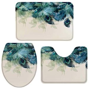 Fantasy Staring Bath Rugs Set 3 Piece, Peacock Feather Washable Memory Foam Non-Slip Contour Mat Toilet Lid Cover Bath Mat Sets for Bathroom Decor,