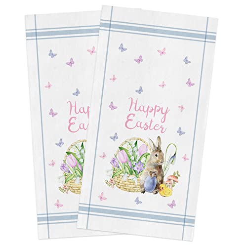 Beisseid Easter Day Kitchen Towels Bunny Eggs Butterfly Flowers Dish Cloth Fingertip Bath Towels Cloth Blue Stripes Hand Drying Soft Cotton Tea Towel Set, 18x28in 2PCS