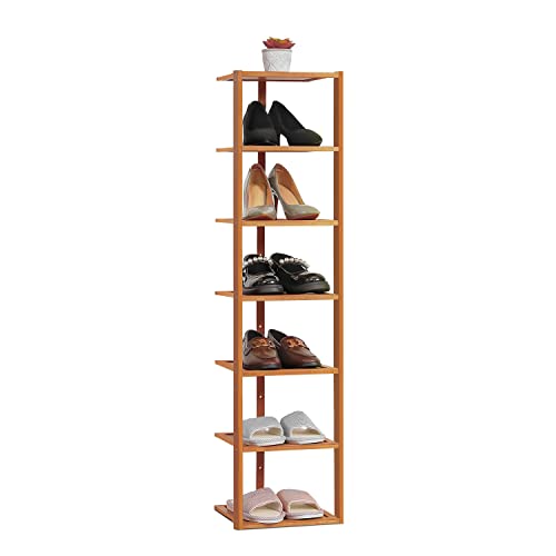 MoNiBloom Bamboo Narrow Shoe Rack Storage Space Saving Single Pairs Shoe Organizer for Small Spaces Corner Bedroom Hallway Entryway Balcony Patio (7 Shelves, Brown)