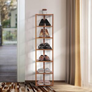 MoNiBloom Bamboo Narrow Shoe Rack Storage Space Saving Single Pairs Shoe Organizer for Small Spaces Corner Bedroom Hallway Entryway Balcony Patio (7 Shelves, Brown)