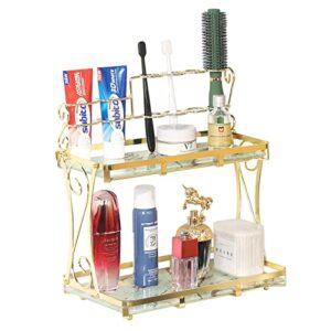 bathroom organizer countertop with toothbrush holders, 2 tier bathroom vanity organizer makeup shelf removable marble glass tier tray for dresser,bedroom, living room gold