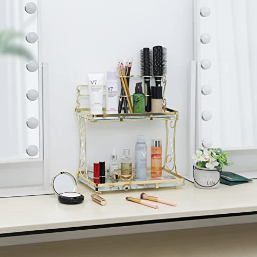 Bathroom Organizer Countertop with Toothbrush Holders, 2 Tier Bathroom Vanity Organizer Makeup Shelf Removable Marble Glass Tier Tray for Dresser,Bedroom, Living Room Gold