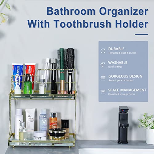 Bathroom Organizer Countertop with Toothbrush Holders, 2 Tier Bathroom Vanity Organizer Makeup Shelf Removable Marble Glass Tier Tray for Dresser,Bedroom, Living Room Gold