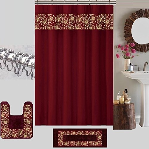 BH Home & Linen 15 Piece Floral Embroidery Banded Bath Set 1 Large Bat Mat 1 Contour Mat 12 Pc Metal Roller Ball Shower Hooks (Burgundy)