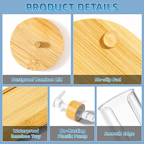 VITVITI 7Pcs Bathroom Accessories, Mouthwash Lotion Soap Dispenser, Qtip/Cup/Toothbrush Holder, Plastic Bathroom Accessory Set with Bamboo Tray Lid, Clear