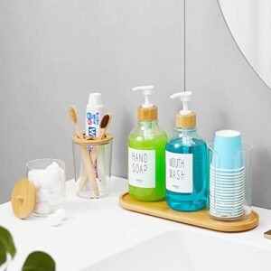 VITVITI 7Pcs Bathroom Accessories, Mouthwash Lotion Soap Dispenser, Qtip/Cup/Toothbrush Holder, Plastic Bathroom Accessory Set with Bamboo Tray Lid, Clear