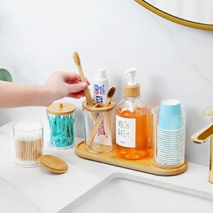 VITVITI 7Pcs Bathroom Accessories, Mouthwash Lotion Soap Dispenser, Qtip/Cup/Toothbrush Holder, Plastic Bathroom Accessory Set with Bamboo Tray Lid, Clear