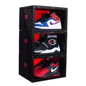 shoebaks 3 pack shoe display case stackable shoe box and storage container organizer for shoes sneakers and boots clear transparent magnetic door black and red