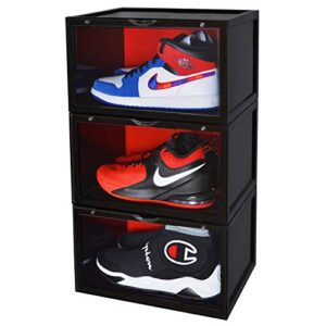 ShoeBaks 3 Pack Shoe Display Case Stackable Shoe Box and Storage Container Organizer for Shoes Sneakers and Boots Clear Transparent Magnetic Door Black and Red