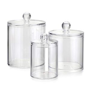 hipiwe set of 3 cotton ball and swab organizer with lid - apothecary acrylic jar makeup cotton organizer q-tips holder bathroom vanity storage canister jar for cotton rounds pads