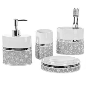 creative scents 4 piece bathroom accessory set - bathroom decor set accessories includes: liquid soap dispenser, bar soap dish, toothbrush holder and tumbler - mirror damask style (white and gray)