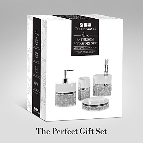 Creative Scents 4 Piece Bathroom Accessory Set - Bathroom Decor Set Accessories Includes: Liquid Soap Dispenser, Bar Soap Dish, Toothbrush Holder and Tumbler - Mirror Damask Style (White and Gray)