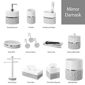 Creative Scents 4 Piece Bathroom Accessory Set - Bathroom Decor Set Accessories Includes: Liquid Soap Dispenser, Bar Soap Dish, Toothbrush Holder and Tumbler - Mirror Damask Style (White and Gray)