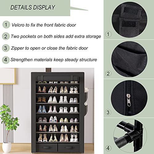 OYREL Shoe Rack Storage Cabinet 32 Pairs Organizer Shelf Tall Zapateras for Shoes Large Free Standing Racks Vertical Black Holder Stand with Cover Two Boxes Closet, 8Tier Long