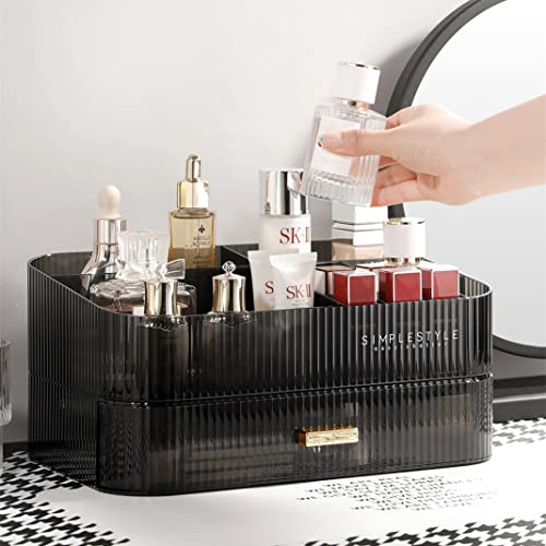 CESTATIVO Makeup Organizer with Stackable Drawer, Skincare Cosmetics Organizer, Bathroom Vanity Organizer and Storage, Large Capacity Organizer for Dresser Countertop, Clear Black