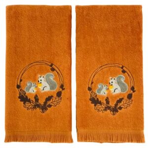 serafina home decorative fall fingertip towels: elegant embroidered squirrels with acorns in autumn wreath design on plush burnt orange, 2 piece set, 11" x 18" inch