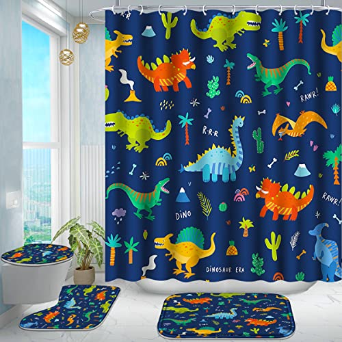 Poedist 4 Pcs Bathroom Shower Curtain Set,Kid's Bathroom Set,Shower Curtain Sets with Rugs(Bath Mat,U Shape and Toilet Lid Cover Mat) and 12 Hooks,Dark Blue Cartoon Dinosaur