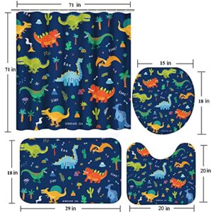 Poedist 4 Pcs Bathroom Shower Curtain Set,Kid's Bathroom Set,Shower Curtain Sets with Rugs(Bath Mat,U Shape and Toilet Lid Cover Mat) and 12 Hooks,Dark Blue Cartoon Dinosaur