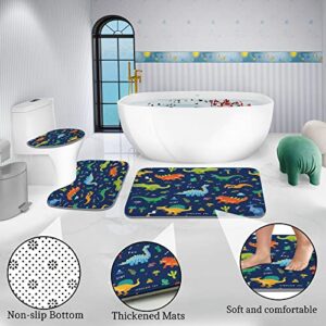 Poedist 4 Pcs Bathroom Shower Curtain Set,Kid's Bathroom Set,Shower Curtain Sets with Rugs(Bath Mat,U Shape and Toilet Lid Cover Mat) and 12 Hooks,Dark Blue Cartoon Dinosaur