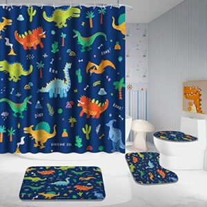 Poedist 4 Pcs Bathroom Shower Curtain Set,Kid's Bathroom Set,Shower Curtain Sets with Rugs(Bath Mat,U Shape and Toilet Lid Cover Mat) and 12 Hooks,Dark Blue Cartoon Dinosaur