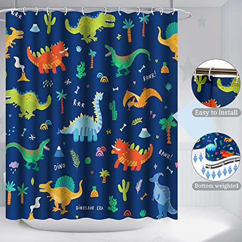 Poedist 4 Pcs Bathroom Shower Curtain Set,Kid's Bathroom Set,Shower Curtain Sets with Rugs(Bath Mat,U Shape and Toilet Lid Cover Mat) and 12 Hooks,Dark Blue Cartoon Dinosaur