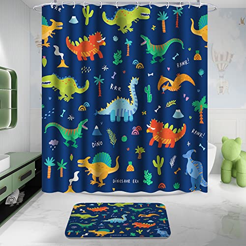 Poedist 4 Pcs Bathroom Shower Curtain Set,Kid's Bathroom Set,Shower Curtain Sets with Rugs(Bath Mat,U Shape and Toilet Lid Cover Mat) and 12 Hooks,Dark Blue Cartoon Dinosaur