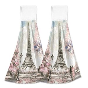 paris eiffel tower kitchen hanging hand towels,pink watercolor absorbent tie towel with loop 2 pcs kitchen linen sets for mothers day gift bathroom restroom home decor